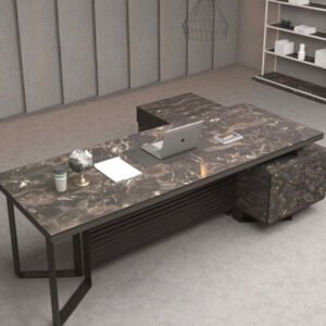 Large L-shaped executive desk made of wood with marble top for CEO